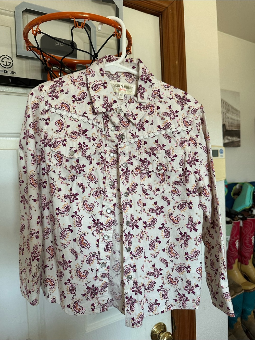 Shyanne White Button-Down Shirt with Burgundy Paisley Print